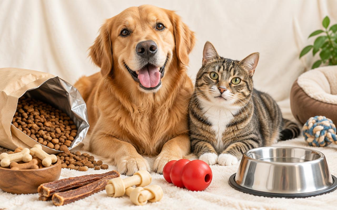 Cachorro e gato ao lado de ração, petiscos e brinquedos